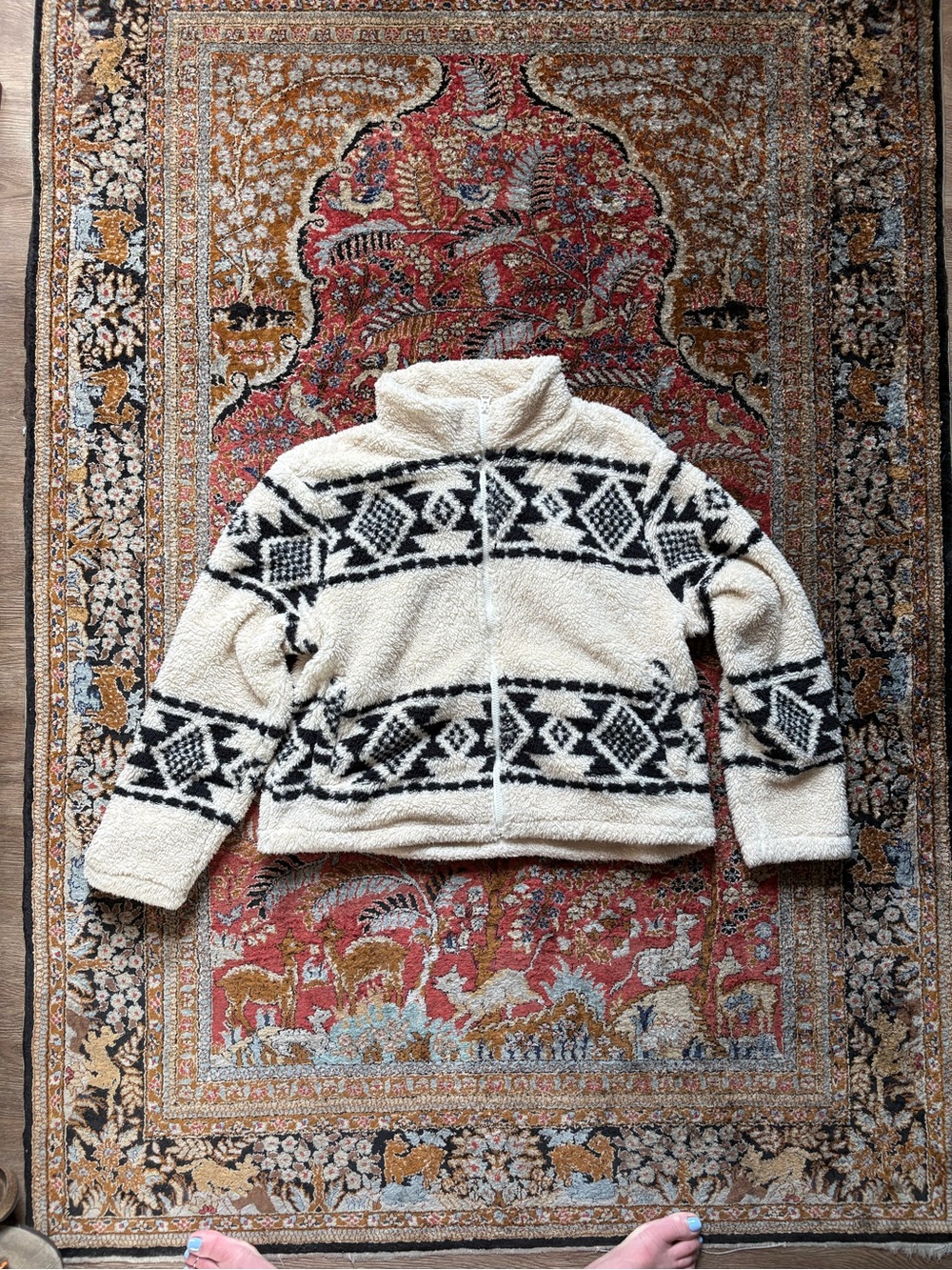 Lucky brand Cream Sherpa Zip-Up Jacket with Black Aztec Pattern